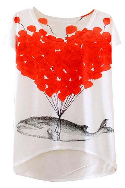Oasap Casual Whale Print Cap Sleeve High Low Tee