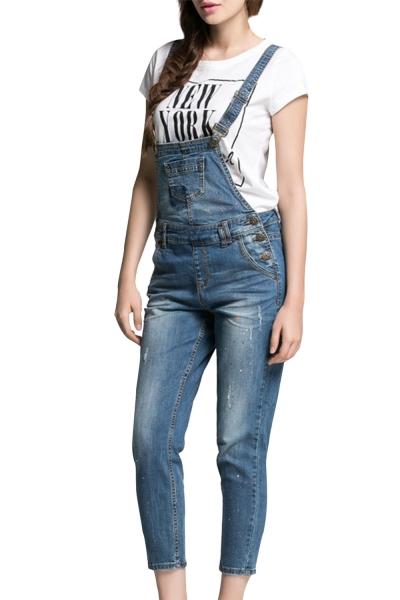 Oasap Fashion Women Distressed Painting Cropped Denim Oveall Pants
