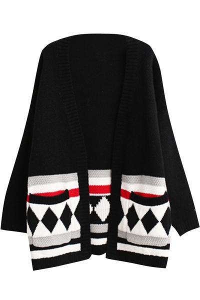 Oasap Sweet Geo Open Front Patch Pocket Cardigan Sweater