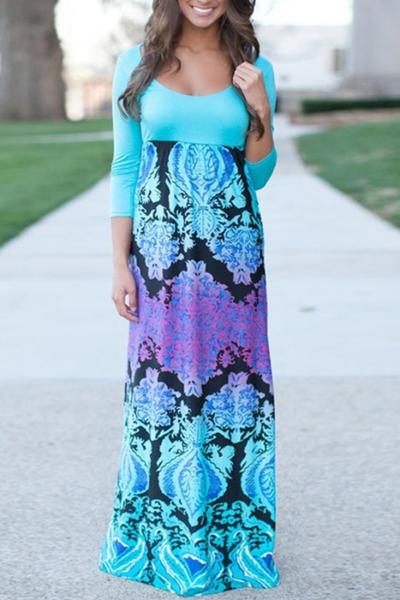 Oasap Fresh Aqua Floral Print Maxi Dress