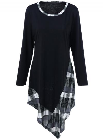 Oasap Round Neck Long Sleeve Plaid Splicing Asymmetric Design Dress