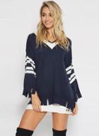 Oasap V Neck Long Sleeve Striped Pullover Ripped Sweater