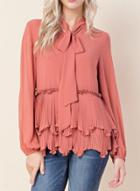 Oasap Solid Color Bow Round Neck Long Sleeve Pleated Blouse