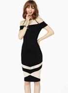 Oasap Open Shoulder Mesh Panel Midi Bodycon Dress