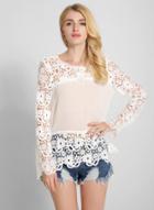 Oasap Solid Color Long Sleeve Hollow Out Lace Blouse