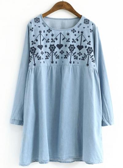 Oasap Round Neck Long Sleeve Embroidery Denim Dress