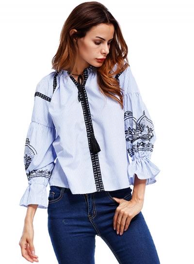 Oasap V Neck Embroidery Striped Long Sleeve Blouse