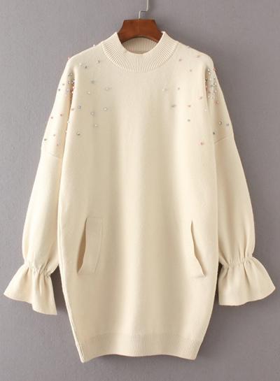 Oasap Round Neck Flare Sleeve Pearls Decration Sweater
