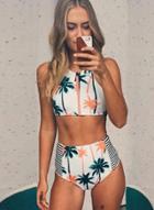 Oasap Women's 2 Piece Palm Tree Printed Stripe High Waist Swimwear
