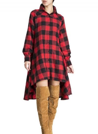 Oasap Turn Down Collar Long Sleeve Plaid Asymmetric Design Dress