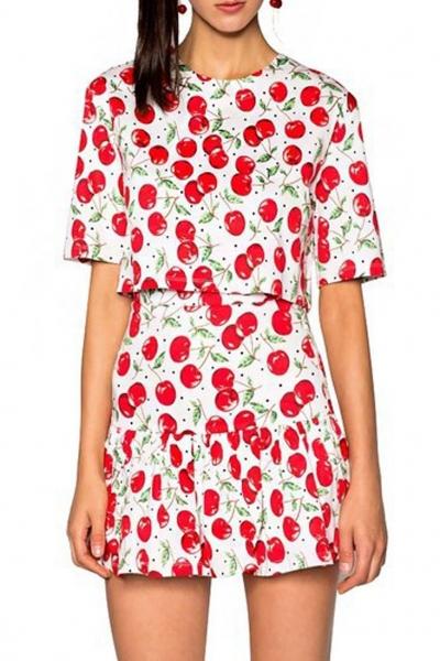 Oasap Cherry Graphic Crop Tee Skirt Set