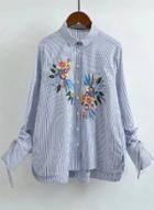 Oasap Turn Down Collar Long Sleeve Striped Floral Embroidery Shirt