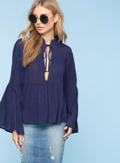 Oasap Solid Color Flare Sleeve V Neck Blouse