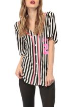 Oasap Chic Color Block Striped V Neck Button Down Shirt