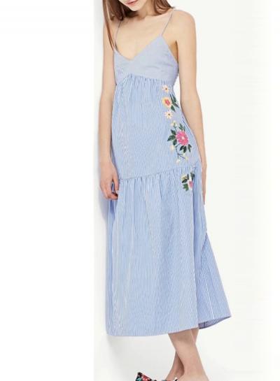 Oasap V Neck Floral Embroidery Stripped Slip Dress