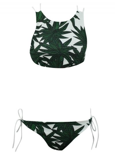 Oasap Women's Green Leaf Print Back Strap Cross Side Tie Swimsuit