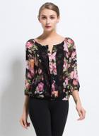 Oasap Floral Printed Lace Splicing Chiffon Blouse