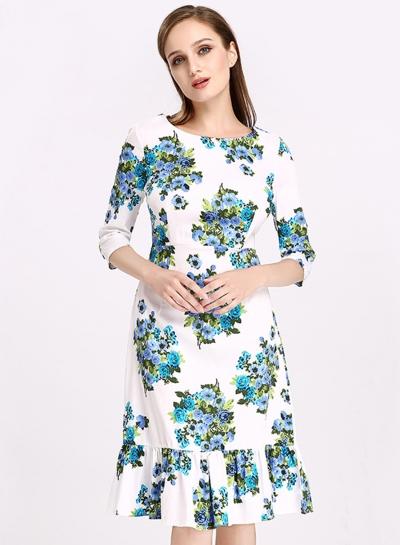 Oasap Flounce Hem 3/4 Sleeve Floral Print Midi Dress
