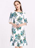 Oasap Flounce Hem 3/4 Sleeve Floral Print Midi Dress