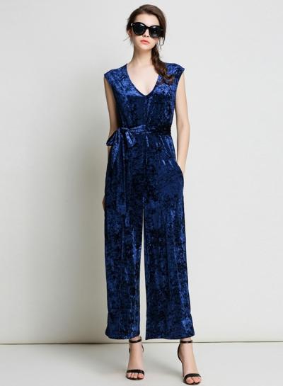 Oasap V Neck High Waist Sleeveless Velvet Jumpsuit