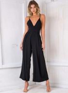 Oasap Sexy Spaghetti Strap Rompers Loose Backless V Neck Jumpsuits