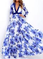 Oasap Elegant Floral Printed V Neck Long Sleeve Maxi Dress