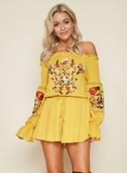 Oasap Off Shoulder Flare Sleeve Floral Embroidery Romper