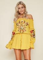 Oasap Off Shoulder Flare Sleeve Floral Embroidery Romper