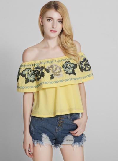 Oasap Flounce Panel Slash Neck Floral Embroidery Blouse