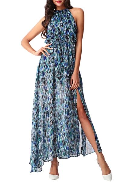 Oasap Women's Halter Abstract Printed High Slit Maxi Beach Dress
