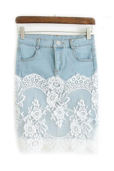 Oasap Lace Overlay High-low Denim Skirt