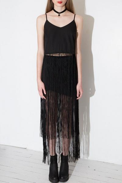 Oasap Black Cami Fringed Dress Suit