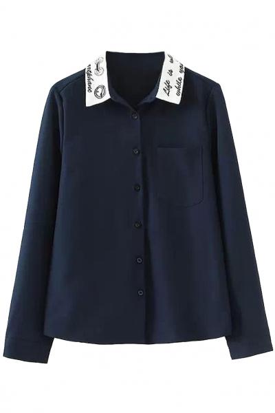 Oasap Life Motto Contrast Collar Woman Button Down Shirt