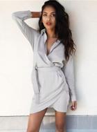 Oasap Turn Down Collar Long Sleeve Solid Color Dress With Belt