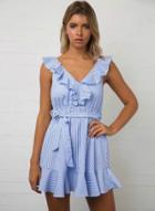 Oasap Flounce Hem Lace-up Slim Fit Striped Dress