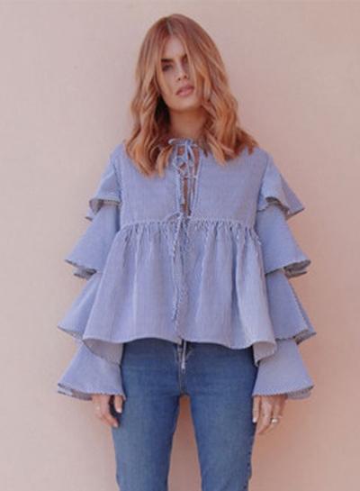 Oasap Preppy Style Flounce Sleeve Lace Up Striped Blouse