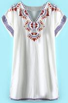 Oasap Bohemian Embroidery V Neck Mini Dress
