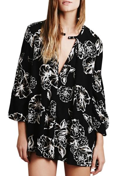Oasap Women Floral Print Cut-out Front Long Sleeve Asymmetric Chiffon Blouse