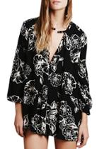 Oasap Women Floral Print Cut-out Front Long Sleeve Asymmetric Chiffon Blouse