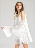 Oasap Spaghetti Strap Off Shoulder Flare Sleeve Pleated Dress