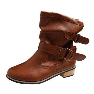 Oasap Buckle Strap Round Toe Slip-on Ankle Boots