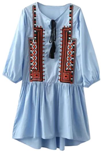 Oasap Women's Casual National Wind Embroidery Paneled Tie Neck Dress