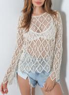 Oasap Round Neck Long Sleeve Hollow Out Crochet Knit Blouse