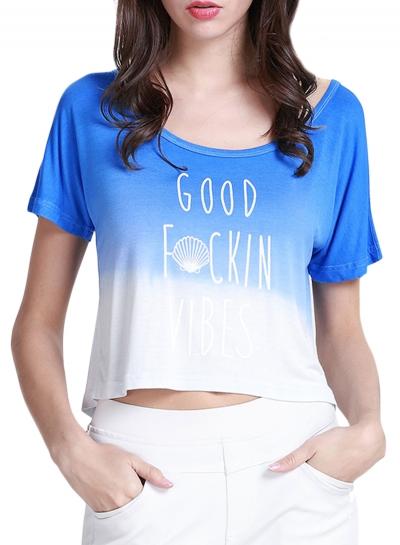 Oasap Women's Scoop Neck Short Sleeve Letter Print Dip Dye Top