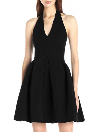 Oasap Women's Solid Halter V Neck Backless Short Skater Dress