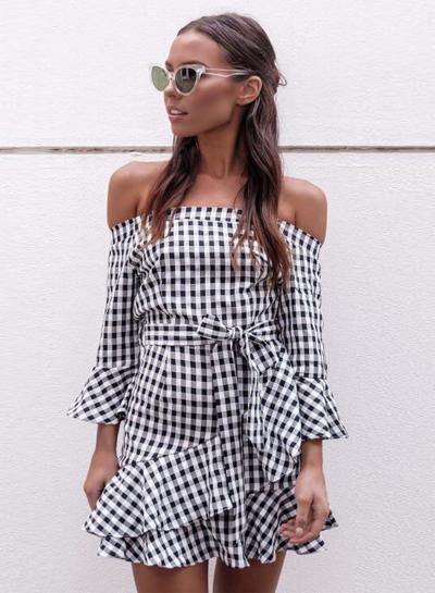 Oasap Off Shoulder Flare Sleeve Plaid Dress With Belt