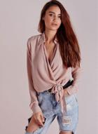 Oasap V Neck Long Sleeve Tie Front Solid Blouse