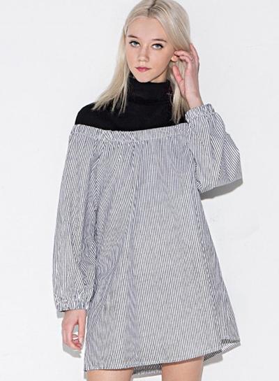 Oasap Color Block Striped Paneled Long Sleeve Dress