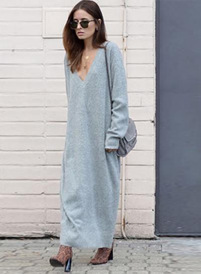 Oasap V Neck Long Sleeve Loose Fit Maxi Knit Dress