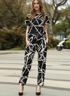 Oasap Short Sleeve Elastic Waist Striped Pocket Jumpsuit